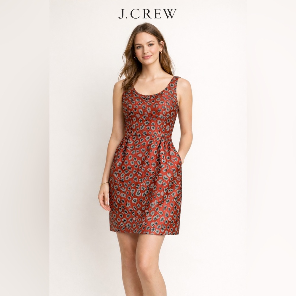 Like New J. Crew Rust Leopard Jacquard Sleeveless Cocktail Dress, 0, MSRP $119